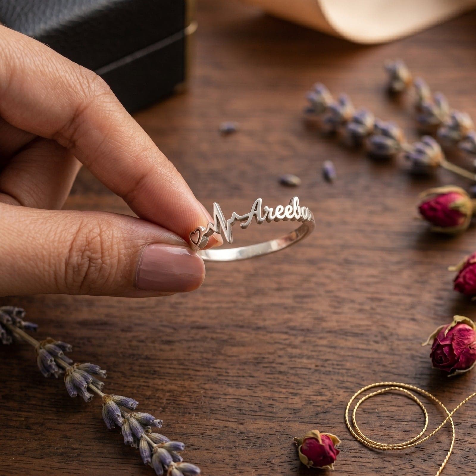 Heartbeat Engraved Name Ring